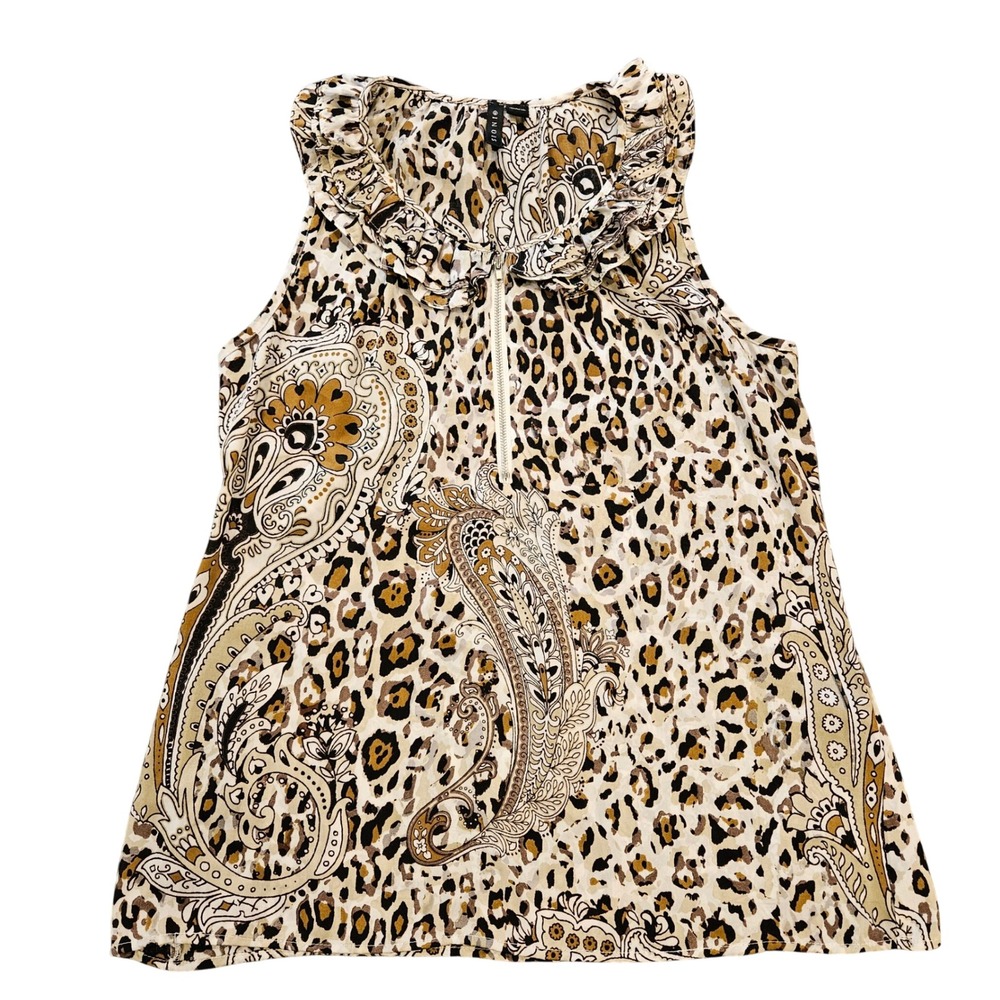 Sioni Womens Leopard‎ Paisley Ruffle Neck Zip Sleeveless Blouse Tan Brown Small